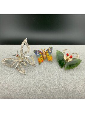 Set Of 3 Vintage Butterfly Brooch Pins Rhinestones Enamel Green Stone